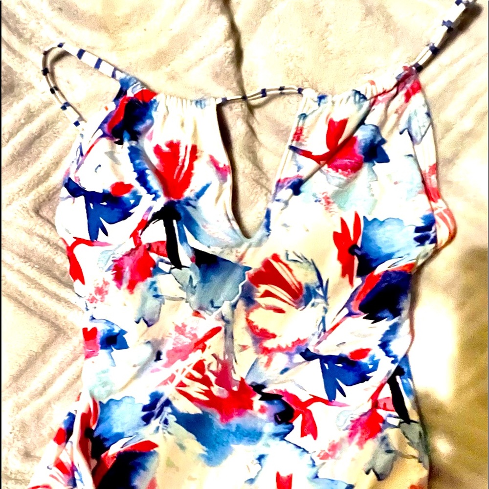 One piece multicolored plus size swimsuit straps over shoulders